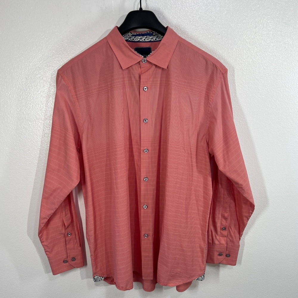 Tommy Bahama "Stripes‎ On The Horizon" Coral Pink Stripe Cotton Shirt Mens XL